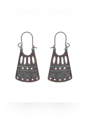 Artisan Patina Copper Drop Earrings with Turquoise Stitch Detail